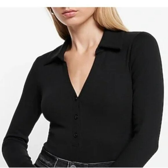 Express Ribbed V-Neck Long Sleeve Polo Bodysuit Black Size M NWT - Picture 1 of 4